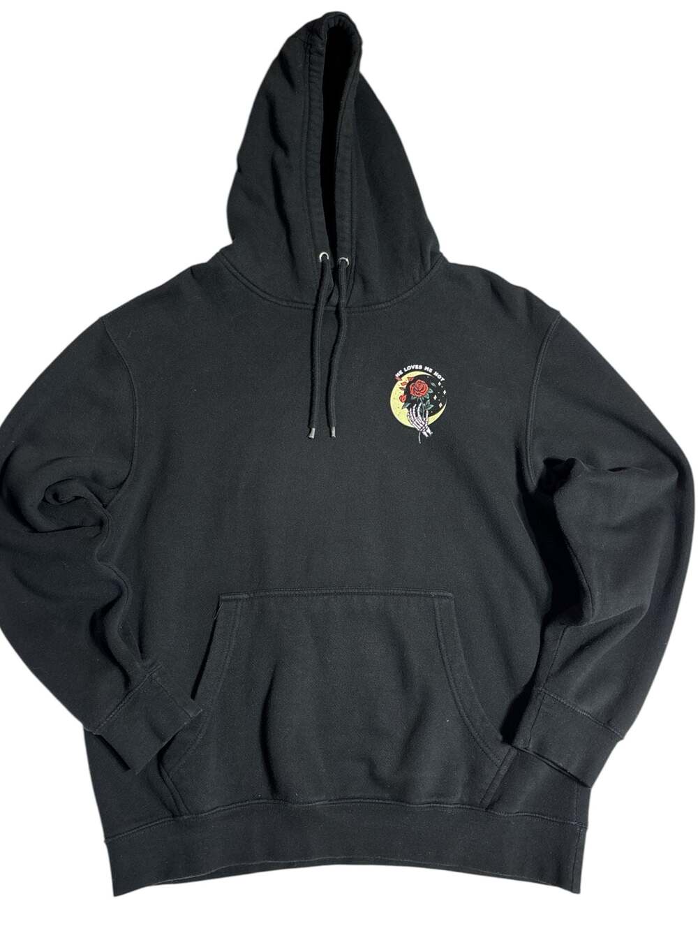 Last Call Co. He Loves Me Not Skeleton Hand Rose Black Hoodie